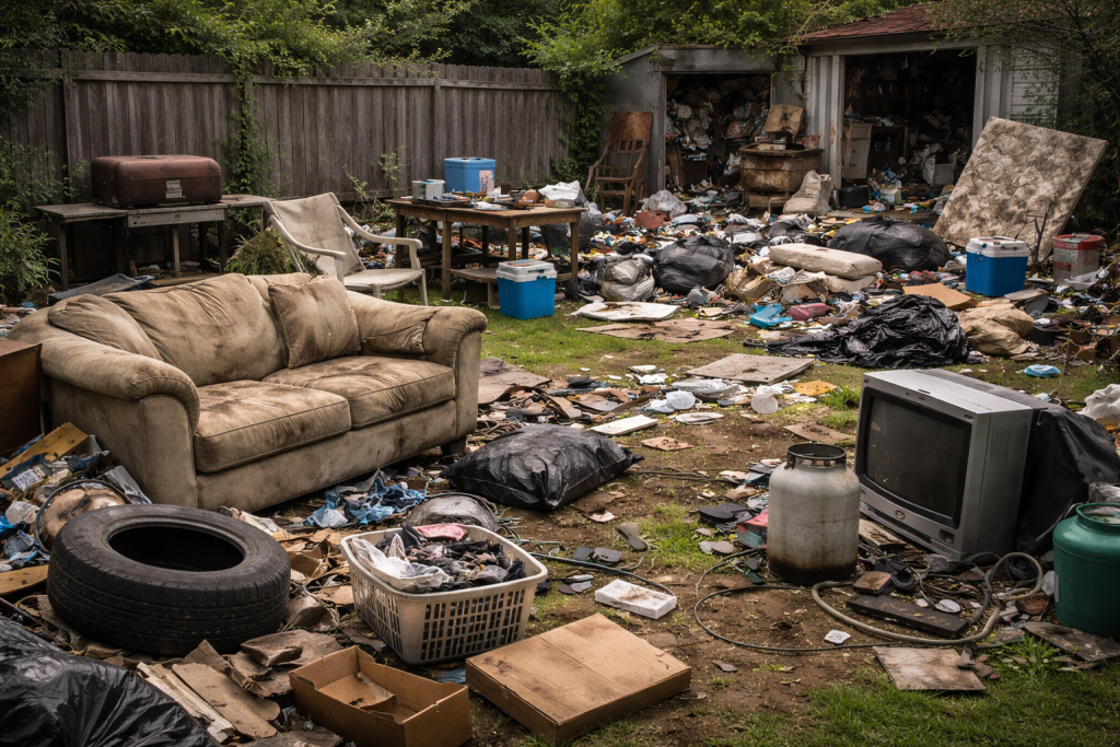Backyard in Fontana filled with junk including old furniture, trash bags, broken electronics, and scattered debris