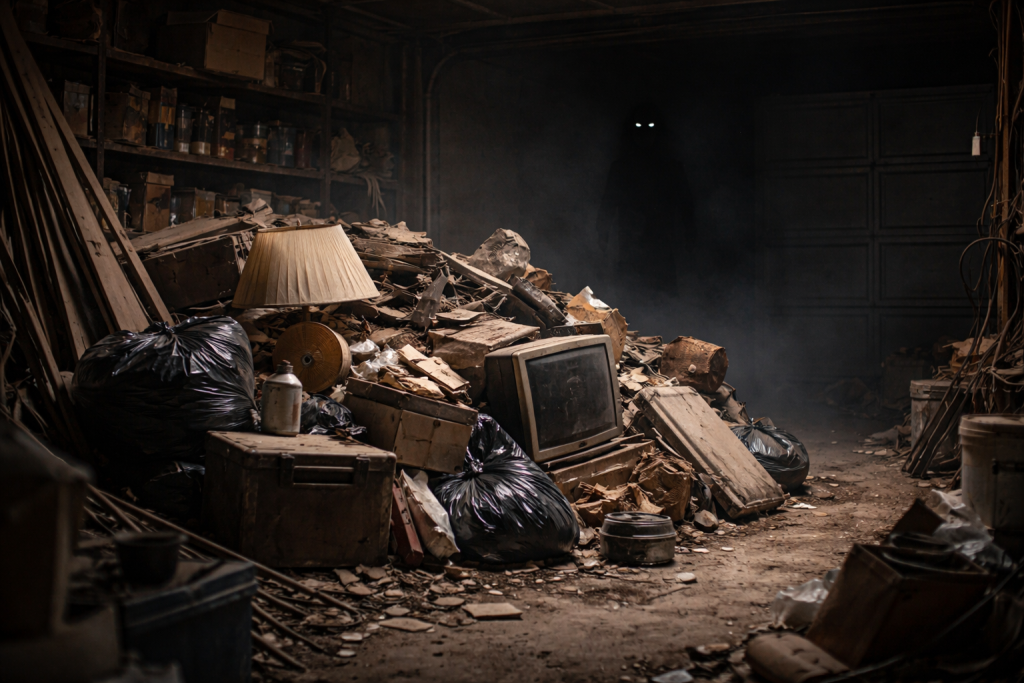 Dusty garage filled with junk pile including old furniture, boxes, and debris with a faint shadowy figure in the background