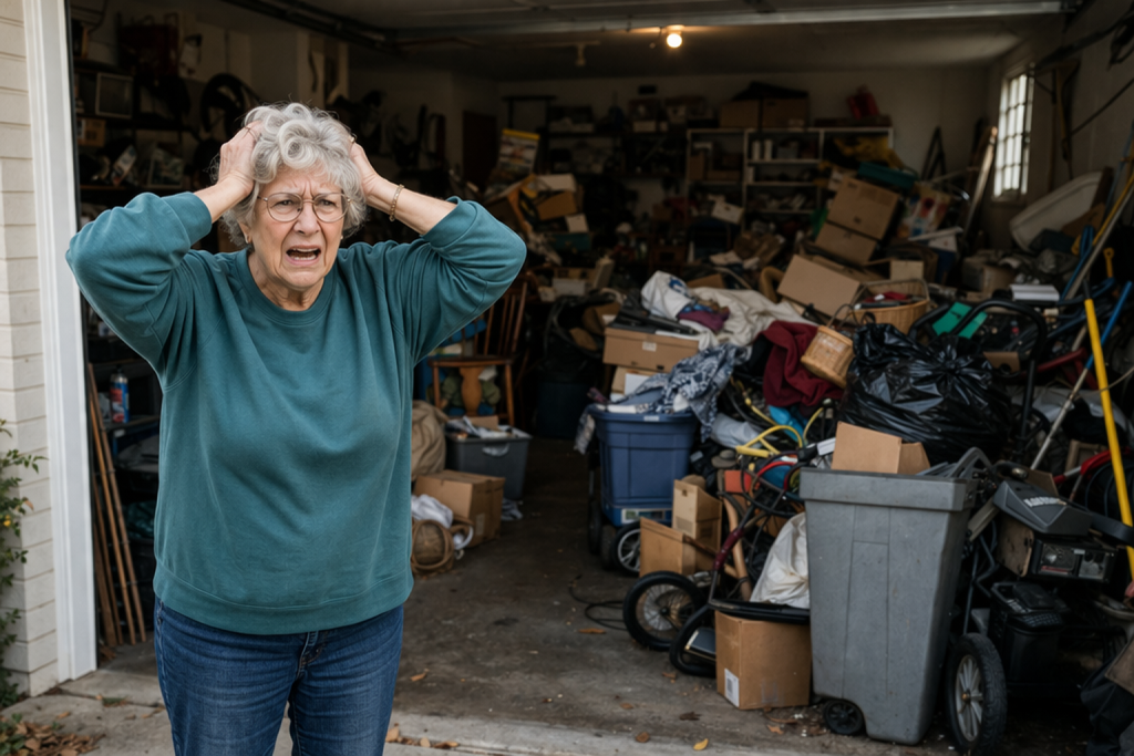 Frustrated elderly woman standing in front of cluttered garage filled with junk, boxes, and debris