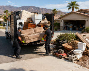 Junk removal crew loading appliances and furniture into truck at Inland Empire home with mountains in background