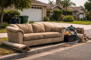 Old couch and bulk items left on the curb in a Fontana CA neighborhood for bulk pickup or junk removal service
