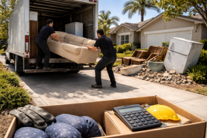 Junk removal crew loading a couch into a truck at a residential home in Fontana, CA for same-day pickup