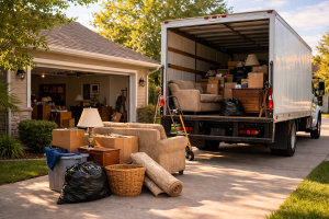Estate cleanout crew loading furniture and boxes into junk removal truck on residential driveway in Eastvale CA