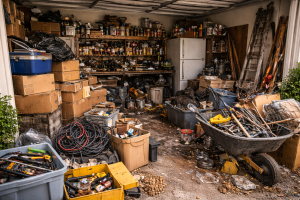 Cluttered garage packed with tools, junk, and debris before a cleanout in Jurupa Valley, CA