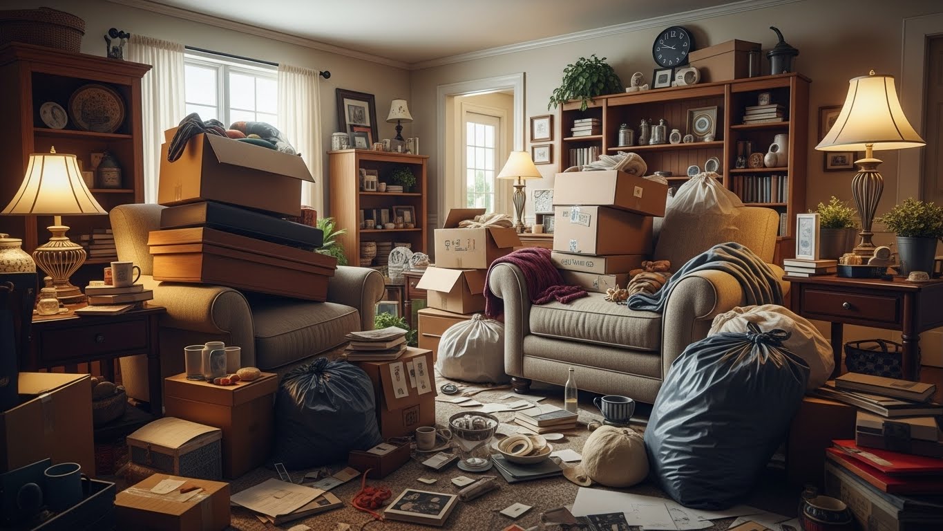 Hoarding cleanup service in Fontana CA showing cluttered interior room cleared by junk removal crew