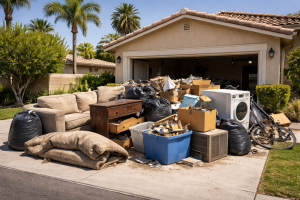 Cluttered driveway piled with furniture and appliances ready for junk removal pickup at a Rancho Cucamonga home