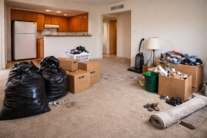 Empty apartment with trash bags, boxes, and scattered belongings during a rental cleanout in Jurupa Valley CA