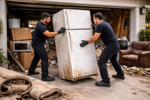 Two junk removal crew members hauling old refrigerator out of cluttered garage in Fontana CA same-day service