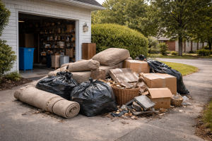 Large pile of junk on a residential driveway in the Inland Empire ready for trash removal in Colton CA