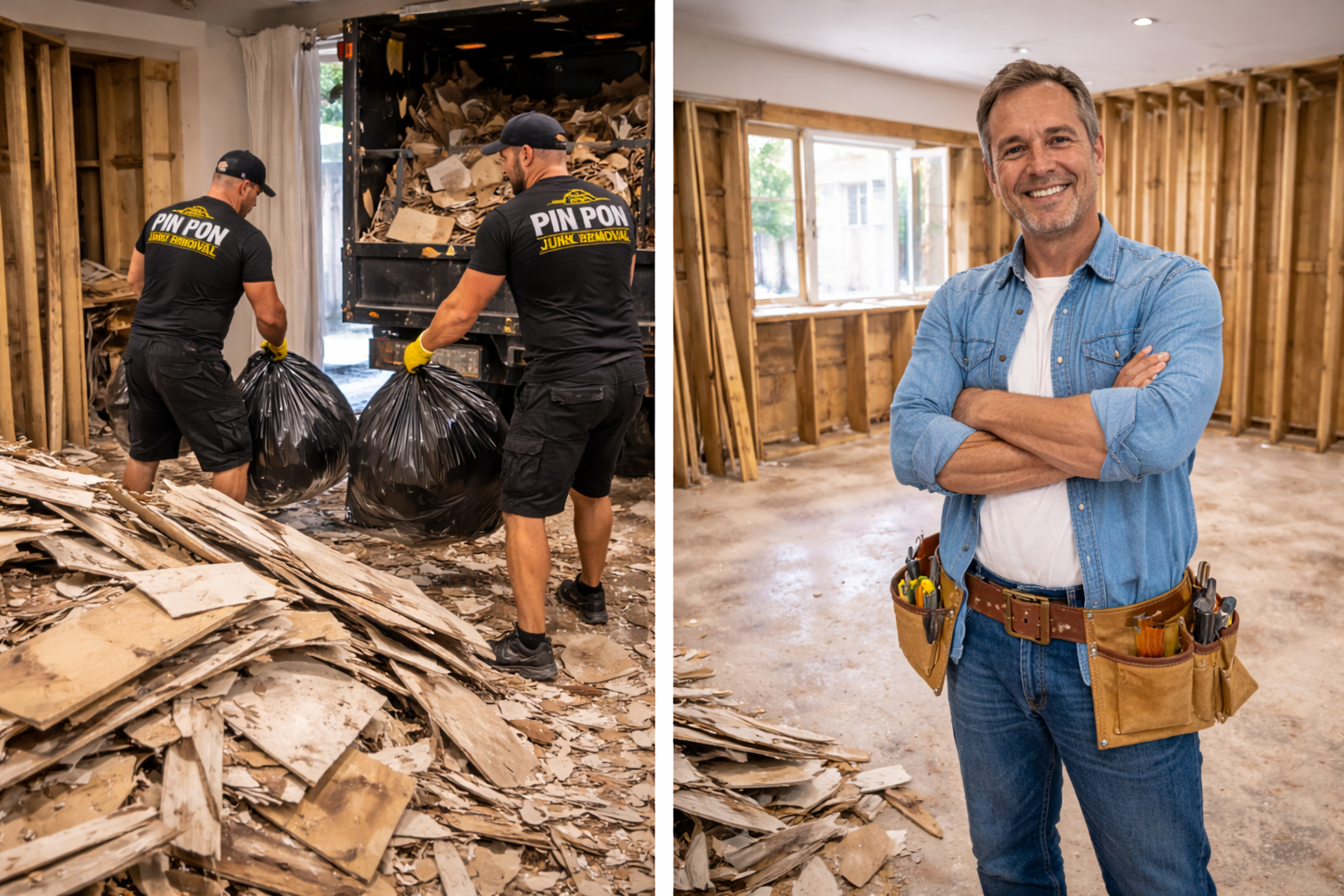 Pin Pon crew hauling construction debris bags from a home renovation site in Riverside CA Inland Empire