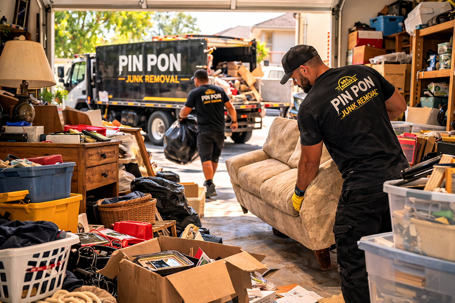 Junk removal crew carrying a couch out of a garage in Inland Empire for same-day sofa removal