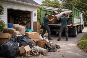 Junk removal crew loading furniture and debris into truck outside a Fontana suburban home.
